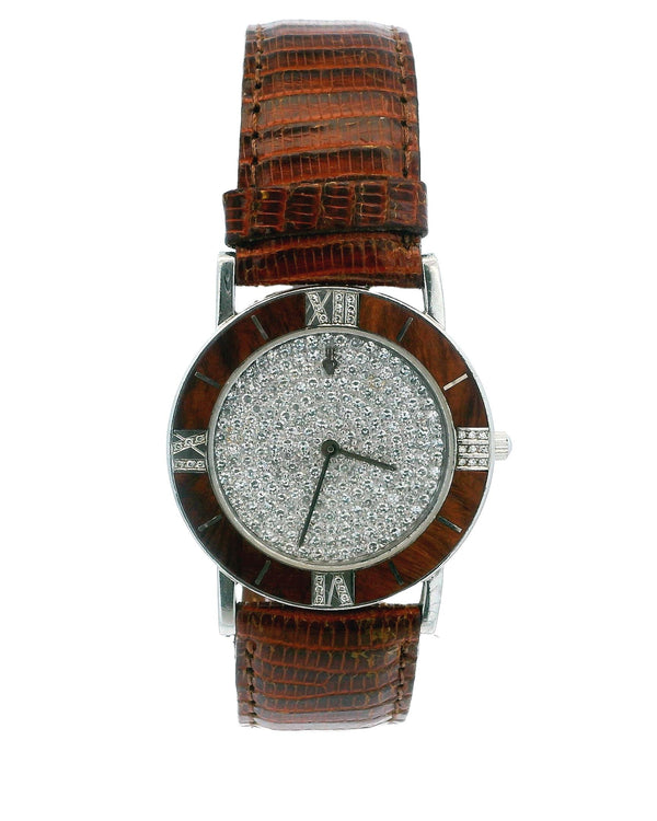 Corum Wood Roman Diamond Bezel Pave Dial Platinum Watch