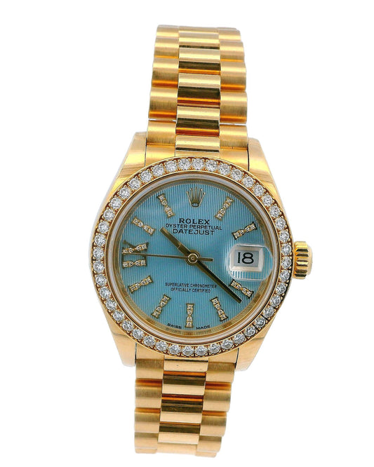 Rolex 18k datejust 28mm diamond bezel blue diamond dial presidential bracelet