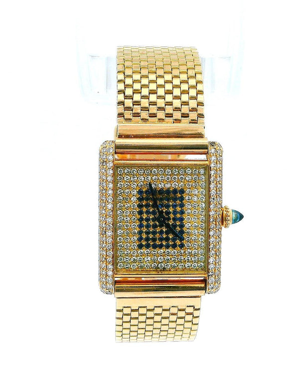 Cartier Tank Paris 18K Yellow Gold & Pave Dial Bezel Box & Papers