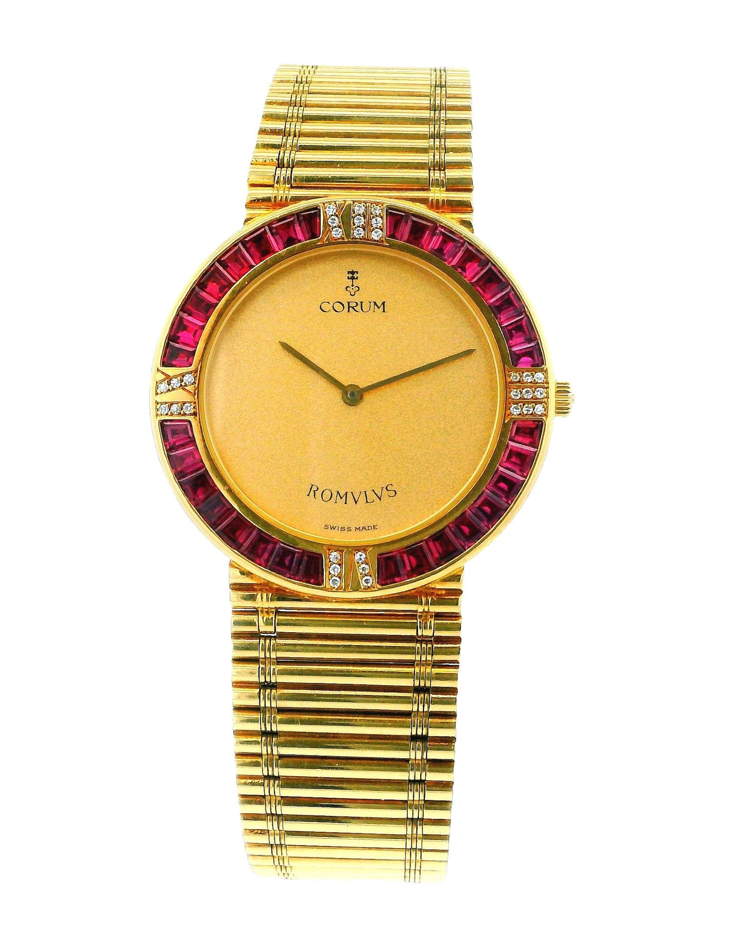 Corum Romulus 18K Yellow Gold Ruby Bag Bezel Reeded Link Bracelet