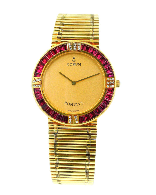 Corum Romulus 18K Yellow Gold Ruby Bag Bezel Reeded Link Bracelet