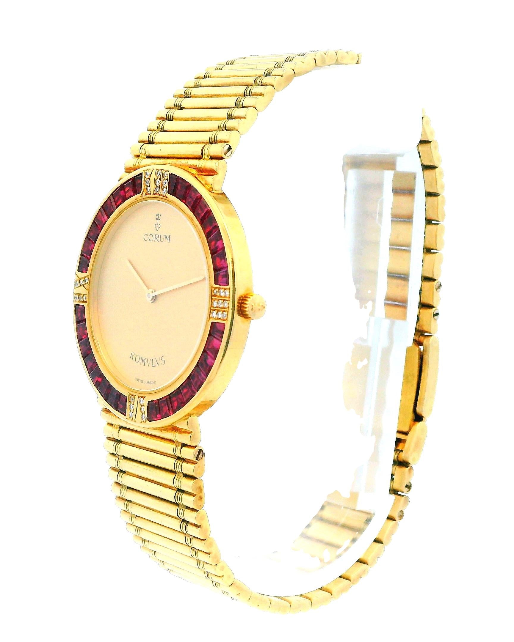 Corum Romulus 18K Yellow Gold Ruby Bag Bezel Reeded Link Bracelet