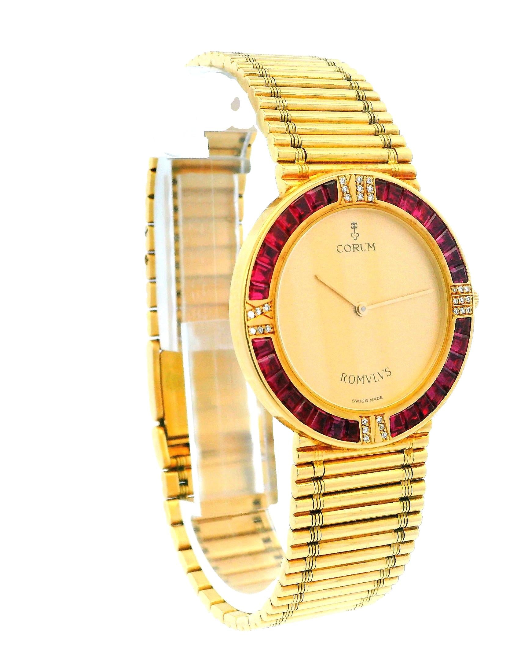 Corum Romulus 18K Yellow Gold Ruby Bag Bezel Reeded Link Bracelet
