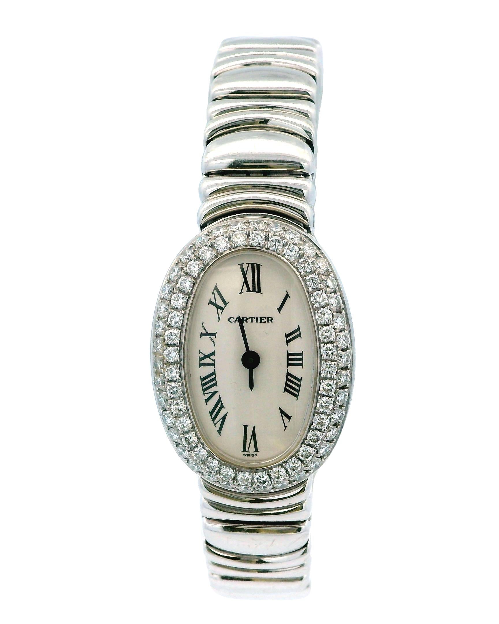Cartier Baignoire W15189L2 Mini 18K White Gold Pave Case Box & Papers