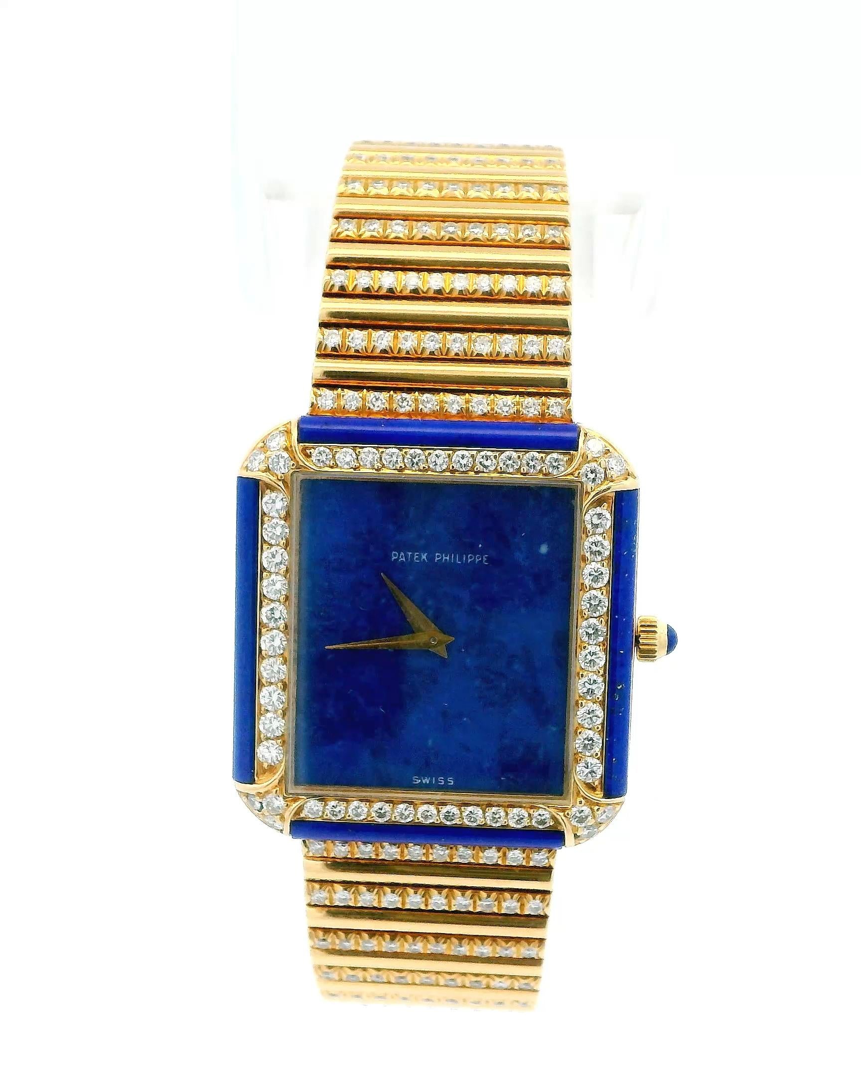 Patek Philippe 3727/3 Lapis Diamond Case Pave Bracelet Watch W/Archive