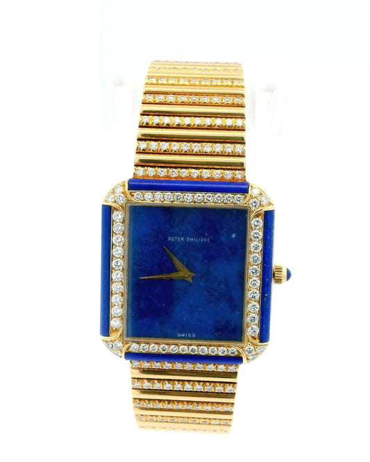 Patek Philippe 3727/3 Lapis Diamond Case Pave Bracelet Watch W/Archive