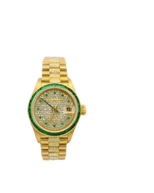 Rolex ladies president emerald bezel pave dial emerald markers diamond ctr link