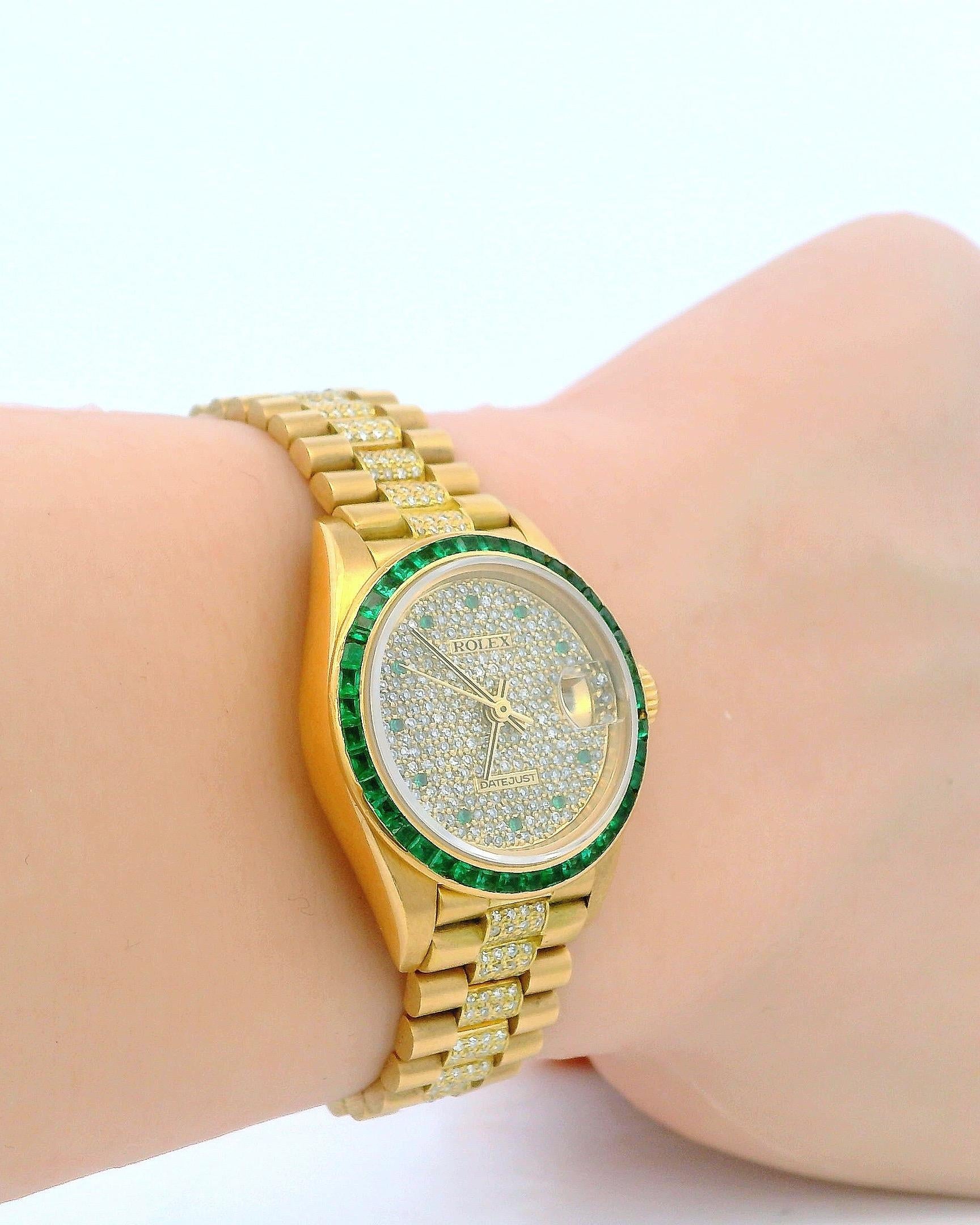 Rolex ladies president emerald bezel pave dial emerald markers diamond ctr link