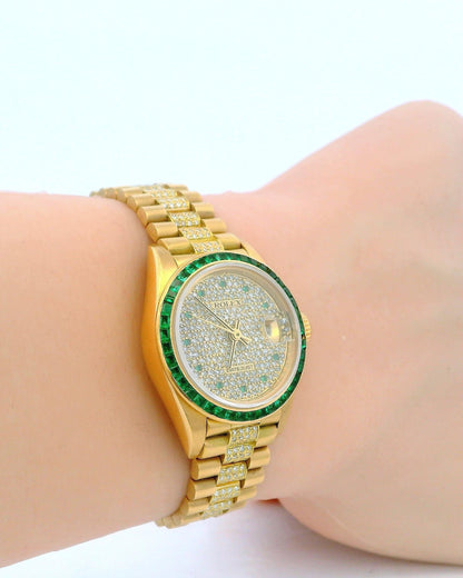 Rolex ladies president emerald bezel pave dial emerald markers diamond ctr link