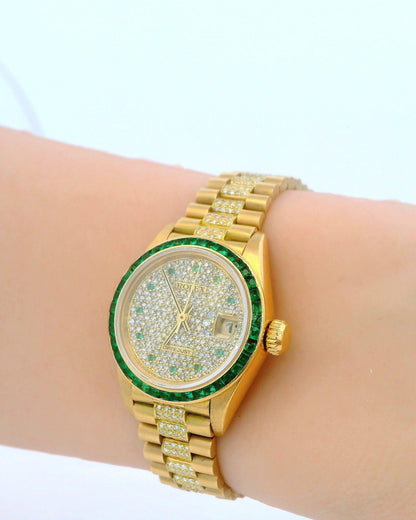 Rolex ladies president emerald bezel pave dial emerald markers diamond ctr link