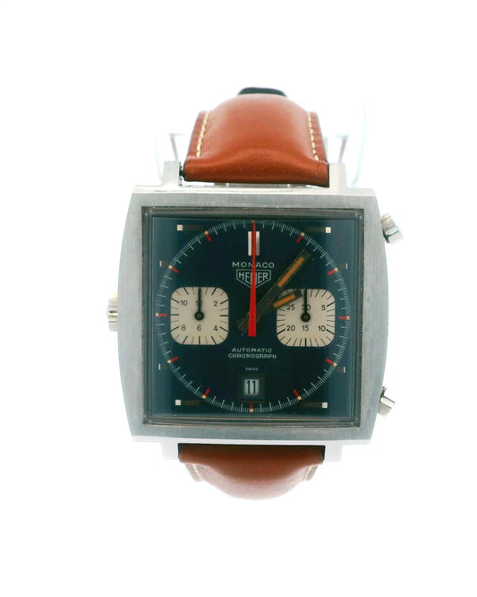 Heuer Monaco "Transitional" Blue Dial Unpolished 1969 Original Sticker on Back