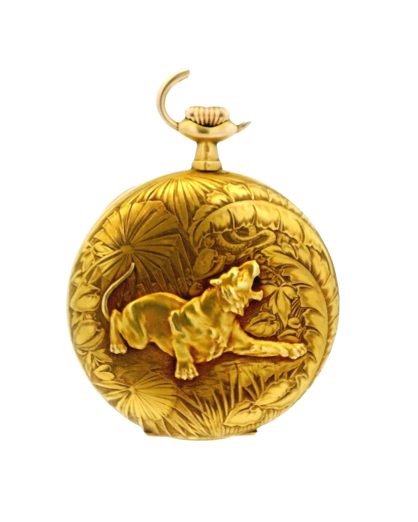 Longines 18K Yellow Gold Finely Engraved Jungle & Raised Lion Pocket-Watch