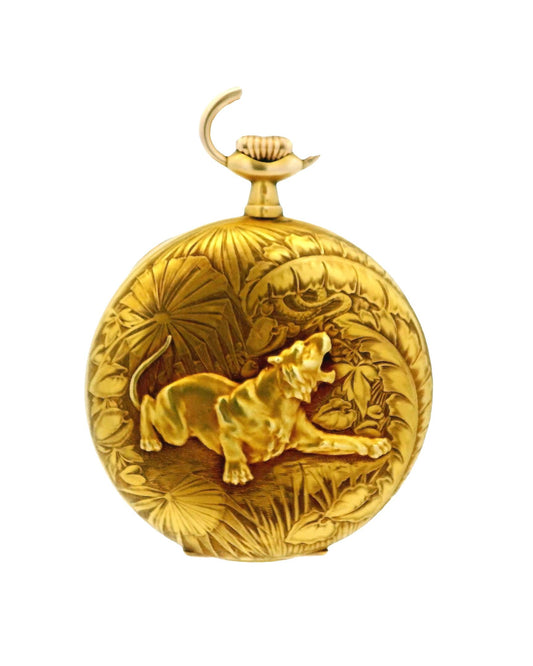 Longines 18K Yellow Gold Finely Engraved Jungle & Raised Lion Pocket-Watch