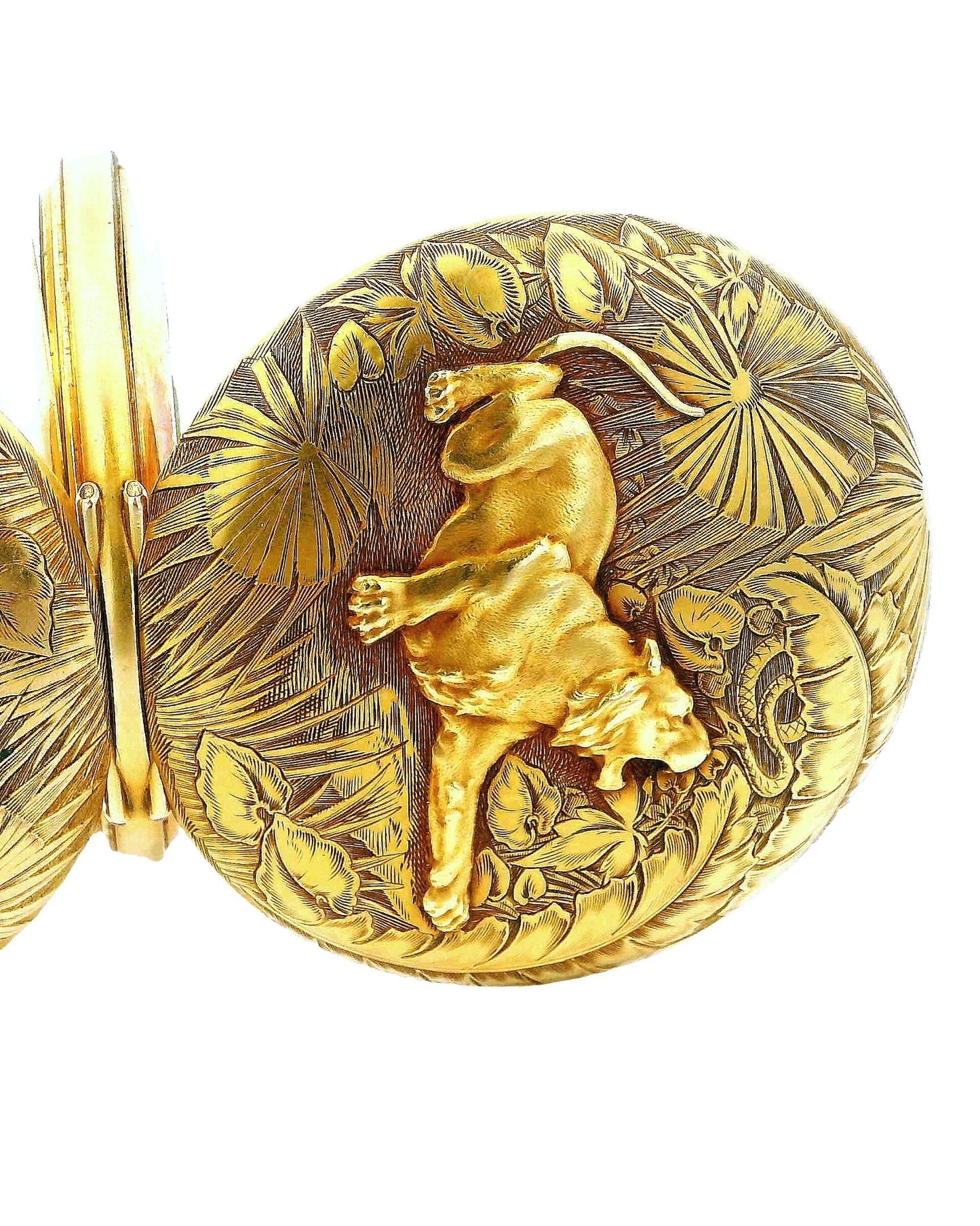 Longines 18K Yellow Gold Finely Engraved Jungle & Raised Lion Pocket-Watch