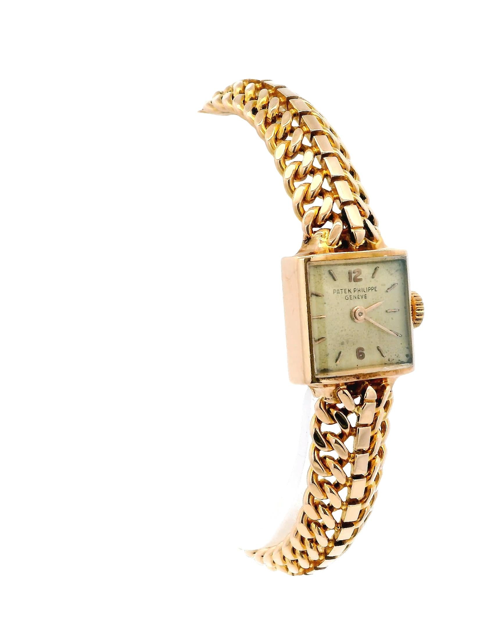 Patek Philippe 18k Rose Gold Square Spinal Link Hinged Back Watch