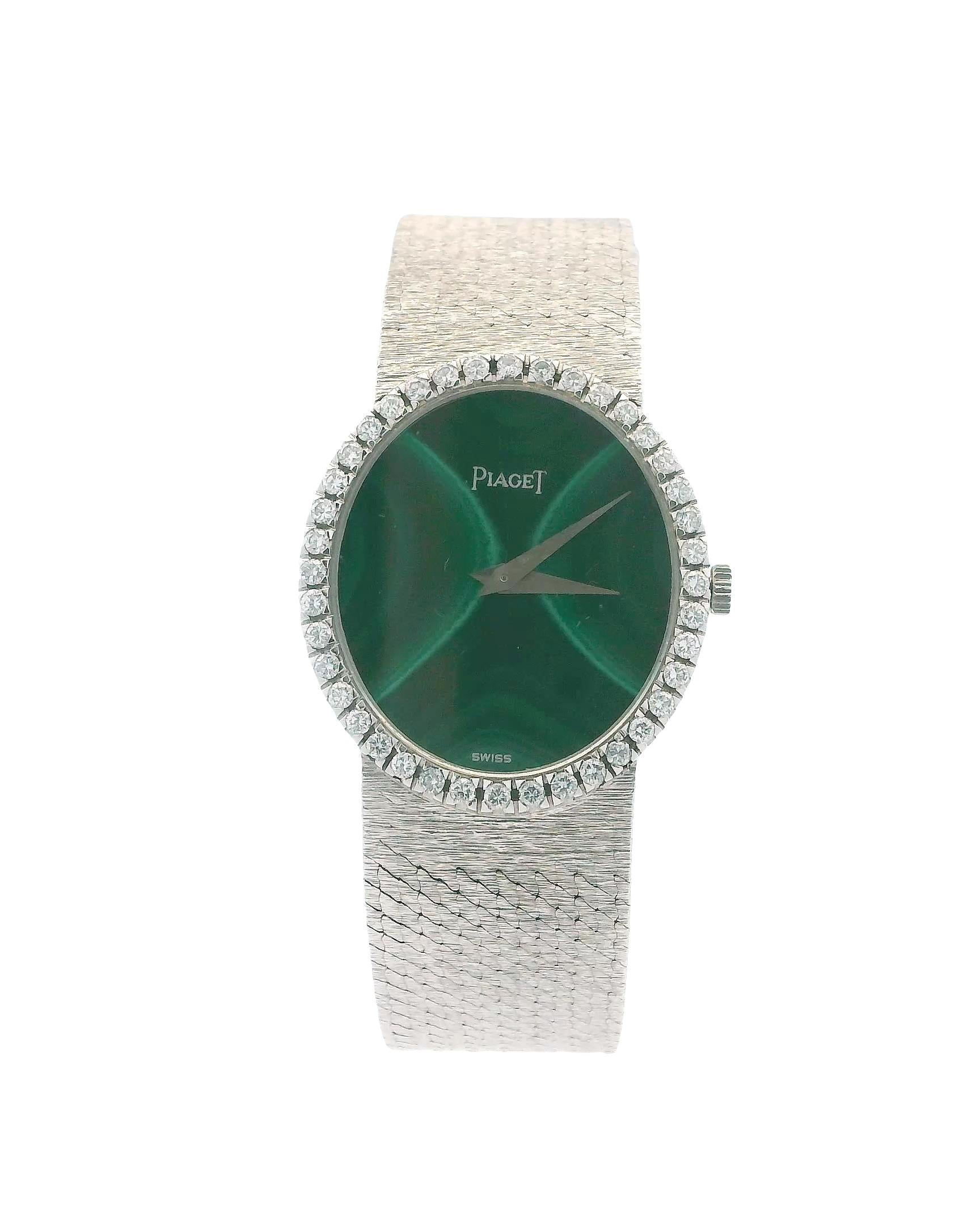 Piaget 18K White Gold Malachite Dial Diamond Bezel Ladies Watch