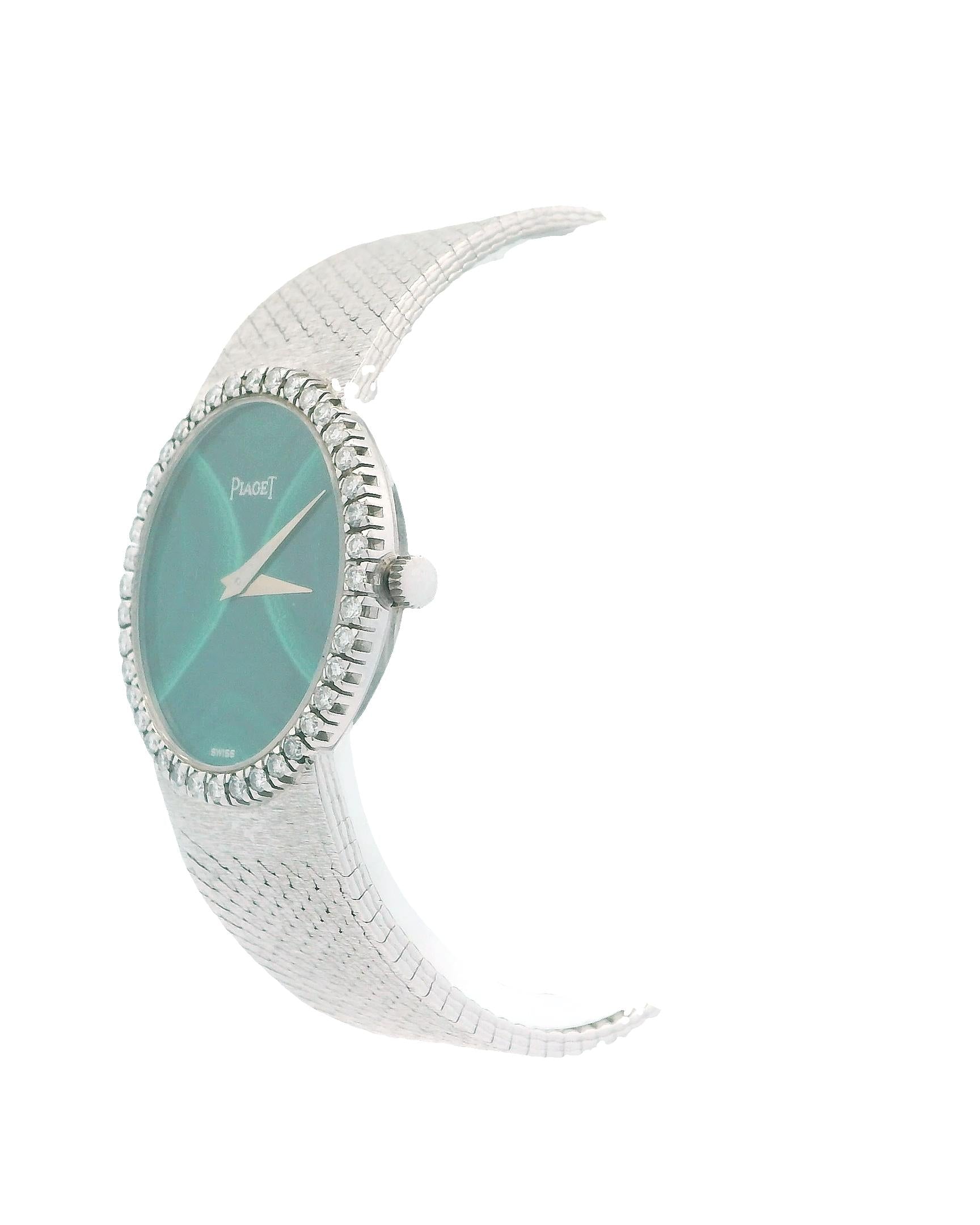 Piaget 18K White Gold Malachite Dial Diamond Bezel Ladies Watch