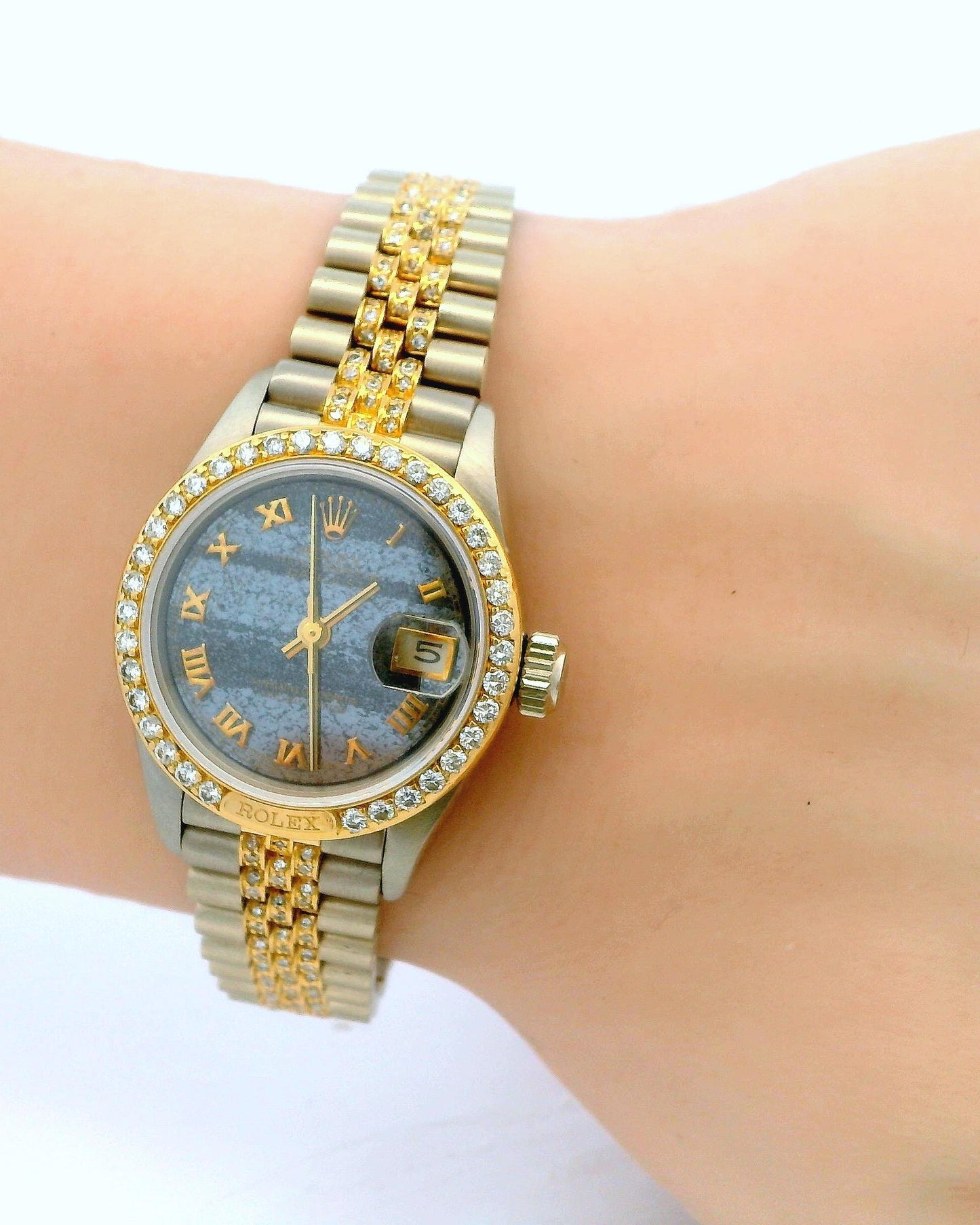 Rolex 69149 18k White & Yellow Gold Pavé Centre Links Diamond Bezel Ferrite Dial