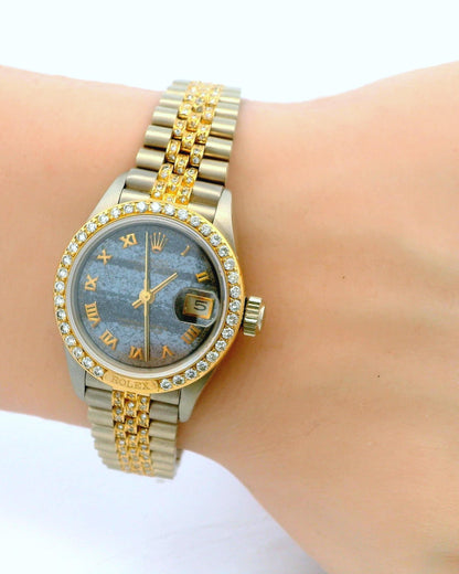 Rolex 69149 18k White & Yellow Gold Pavé Centre Links Diamond Bezel Ferrite Dial