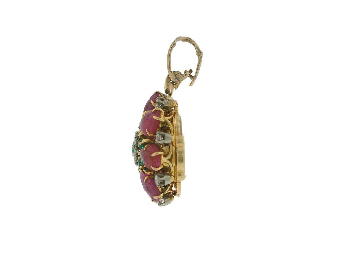Gubelin 18k Gold Pendant Watch Burma Ruby No Heat Diamond & Emeralds Flipup GIA