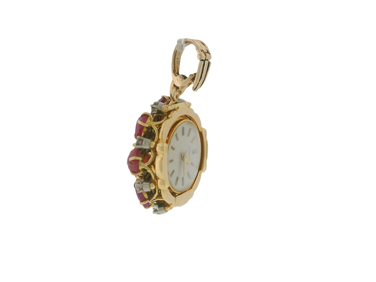 Gubelin 18k Gold Pendant Watch Burma Ruby No Heat Diamond & Emeralds Flipup GIA