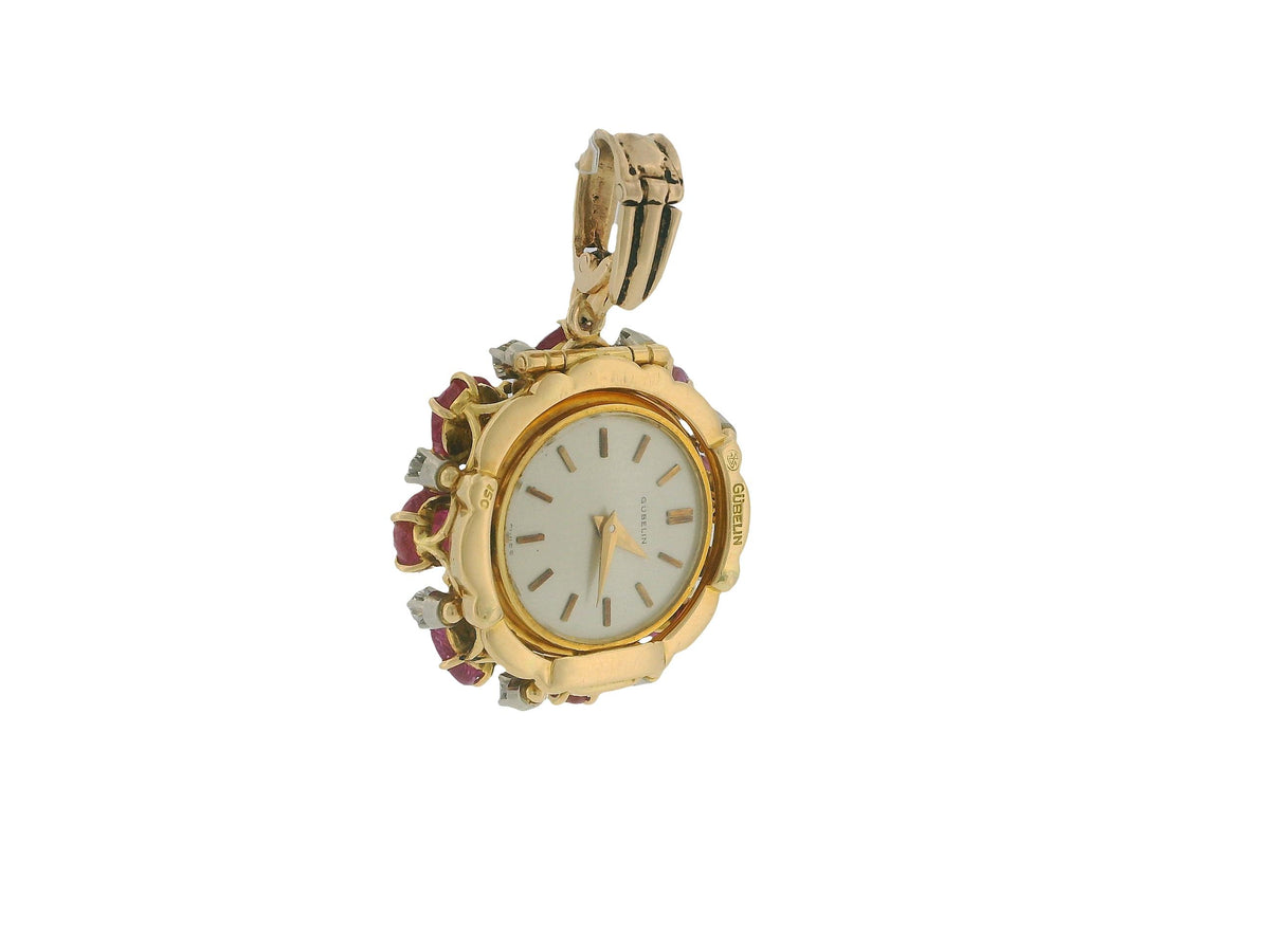 Gubelin 18k Gold Pendant Watch Burma Ruby No Heat Diamond & Emeralds Flipup GIA