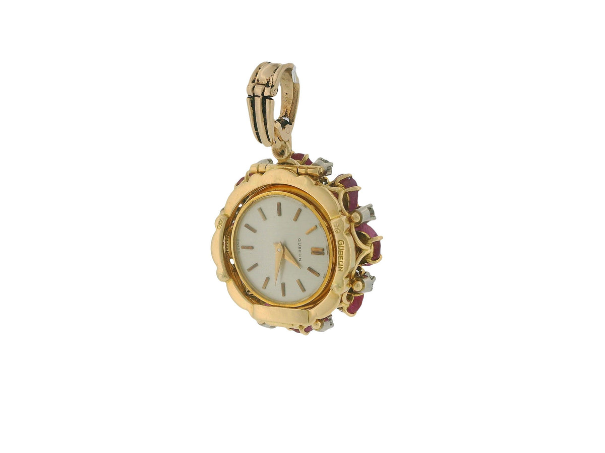 Gubelin 18k Gold Pendant Watch Burma Ruby No Heat Diamond & Emeralds Flipup GIA