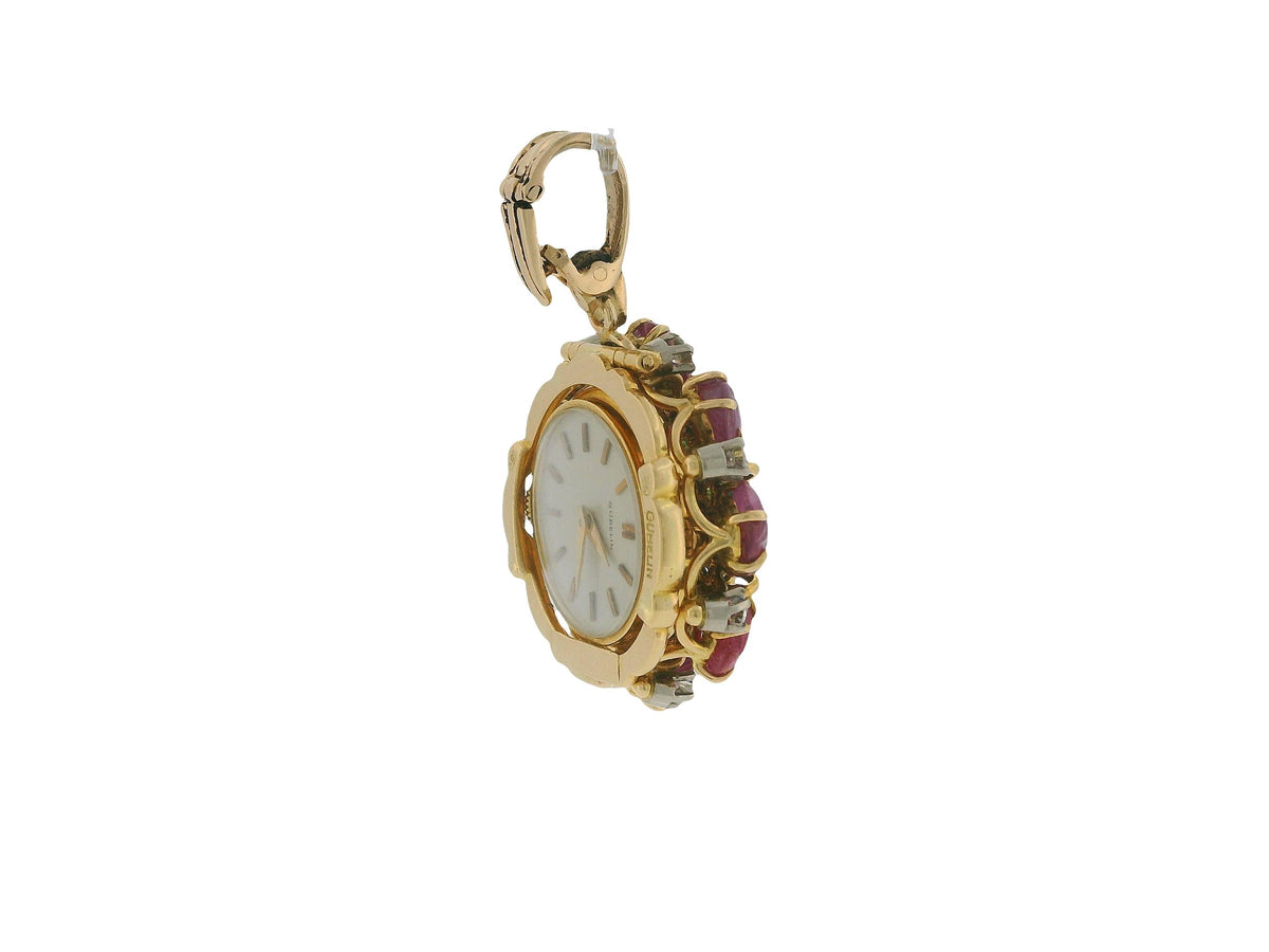 Gubelin 18k Gold Pendant Watch Burma Ruby No Heat Diamond & Emeralds Flipup GIA