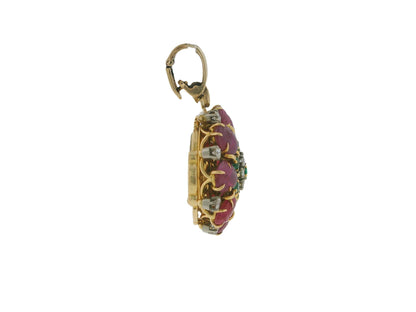 Gubelin 18k Gold Pendant Watch Burma Ruby No Heat Diamond & Emeralds Flipup GIA