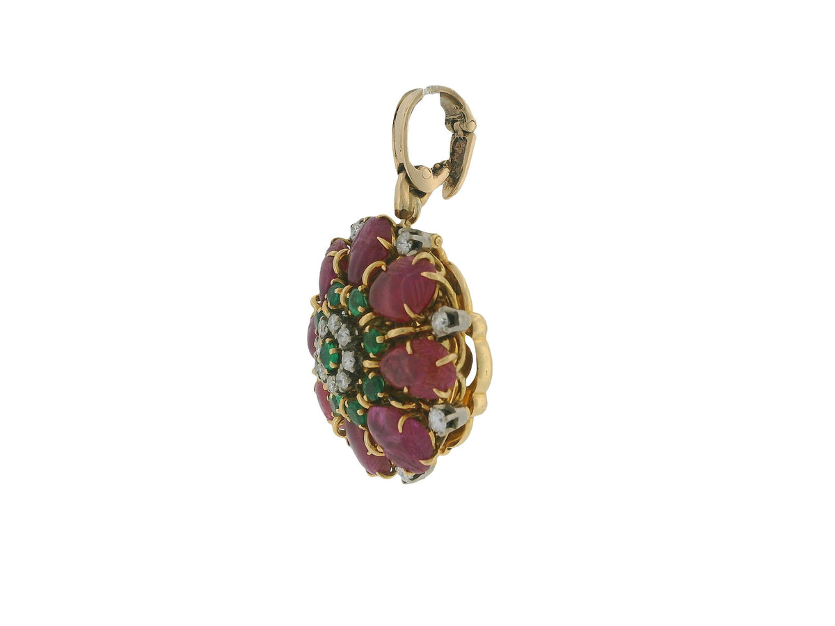 Gubelin 18k Gold Pendant Watch Burma Ruby No Heat Diamond & Emeralds Flipup GIA