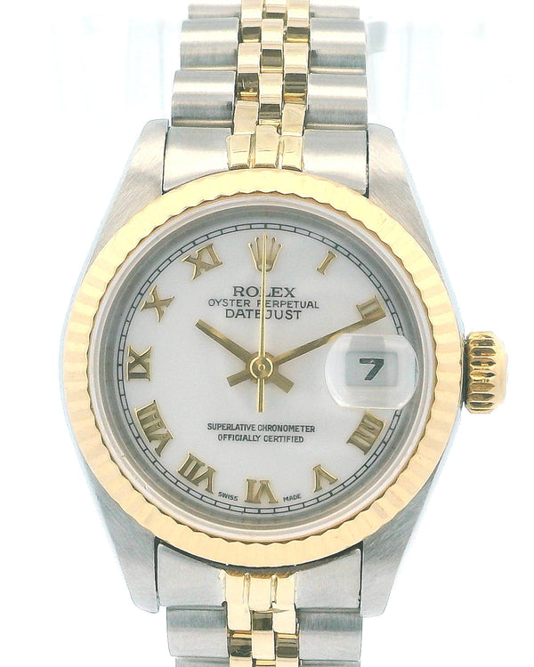 Rolex Datejust 69173 Steel Yellow Gold White Roman Dial Ladies Watch