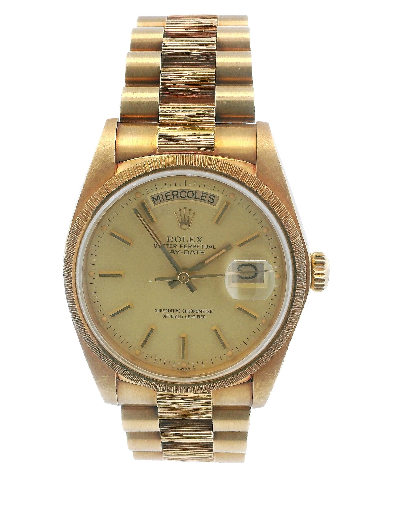 Rolex President 18078 Spanish Day-Date Yellow Gold Bark Finish Watch