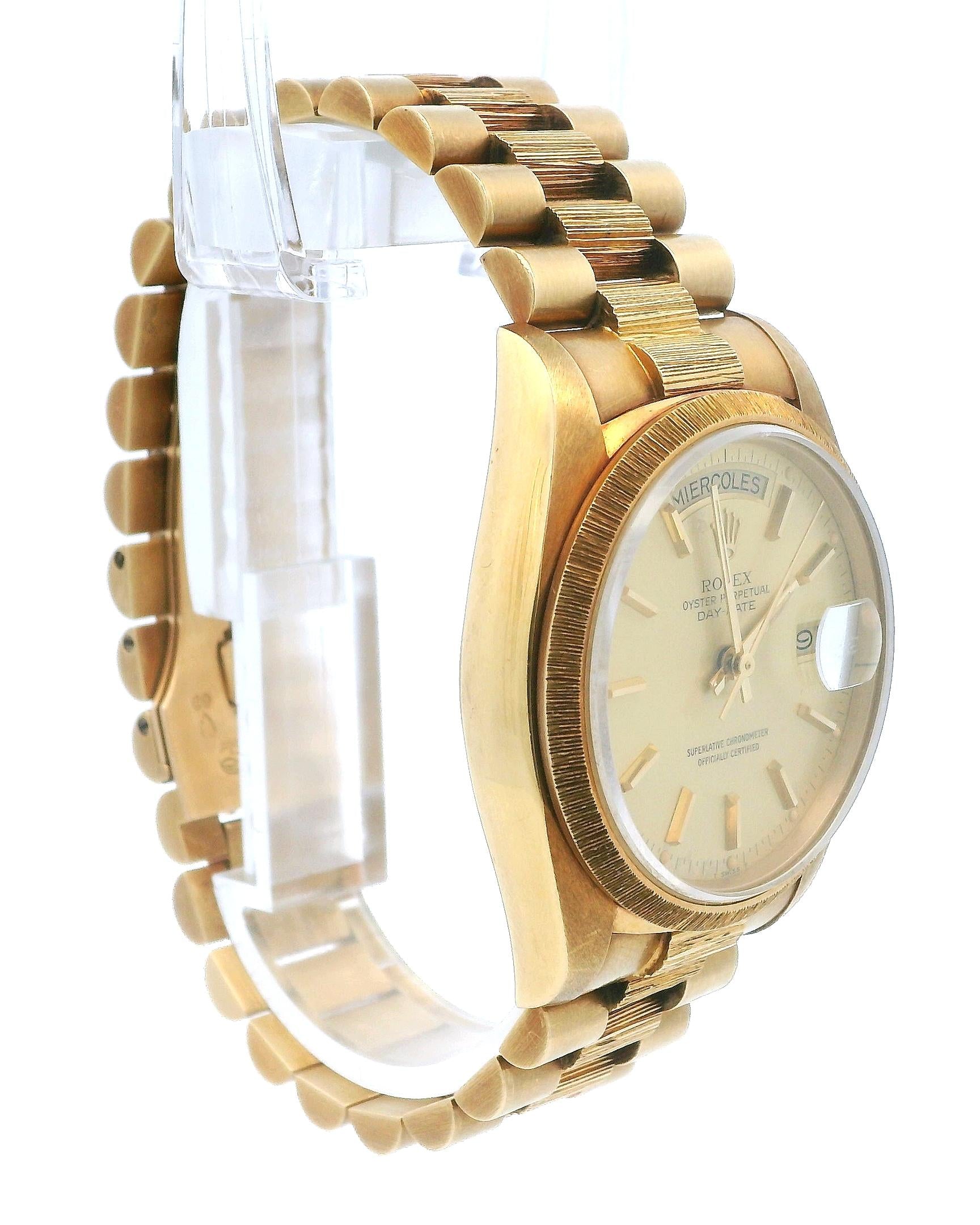 Rolex President 18078 Spanish Day-Date Yellow Gold Bark Finish Watch