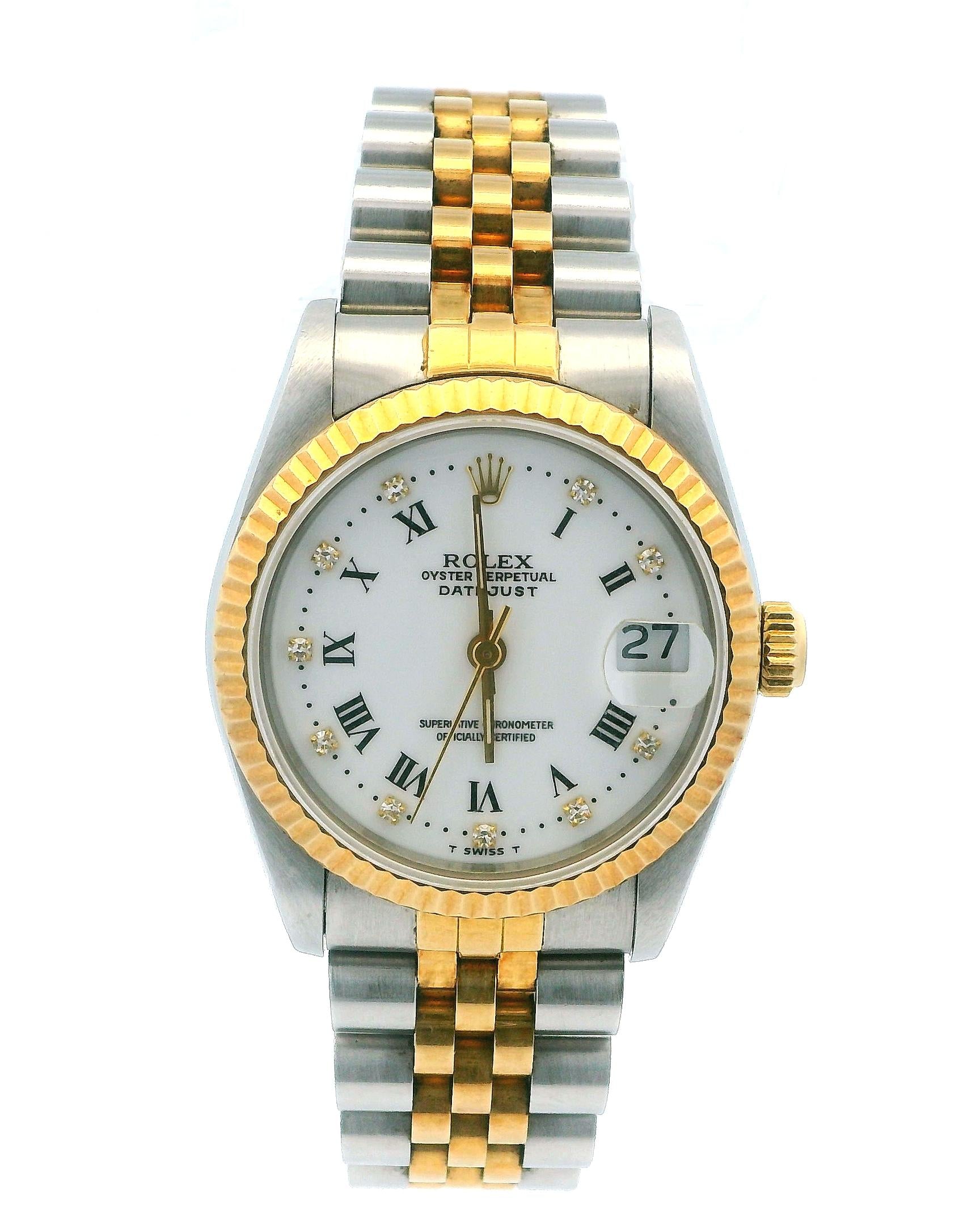 Rolex Datejust 68273 Midsize Steel Yellow Gold Roman & Diamond Dial Watch