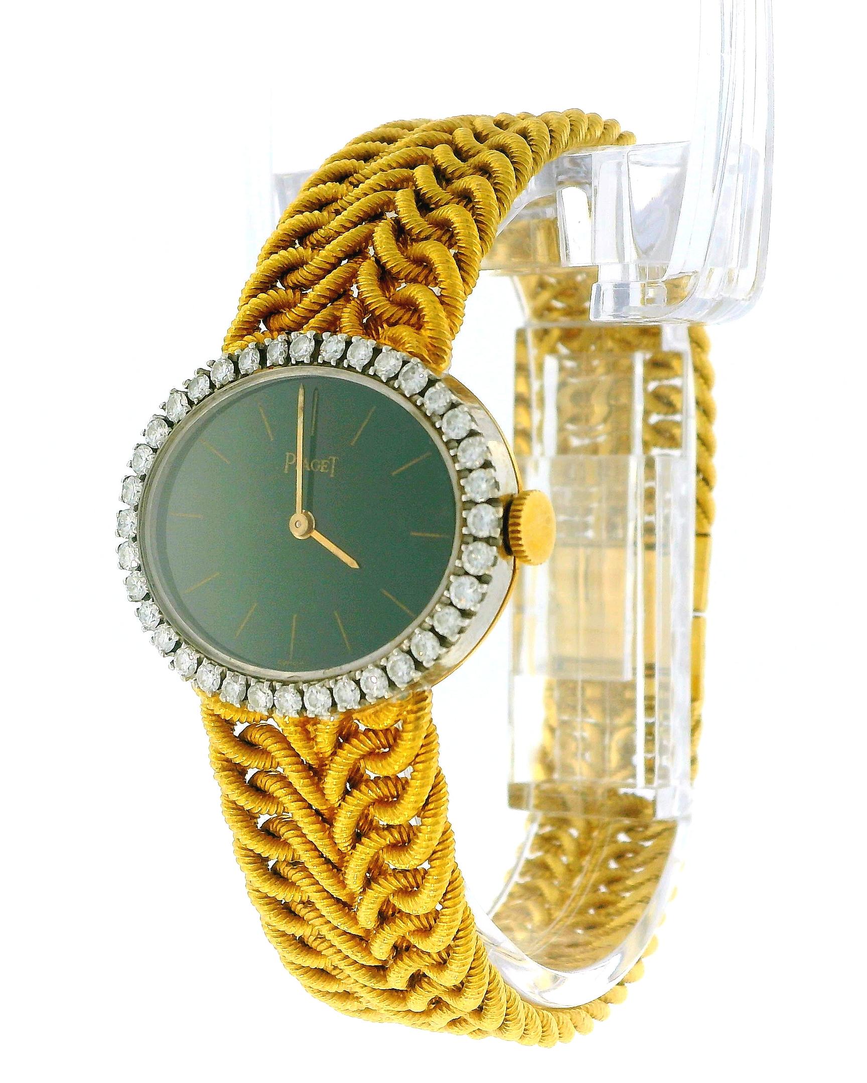 Piaget 18K Yellow Gold 6806K35 Jade Dial Diamond Bezel Vintage Ladies Watch