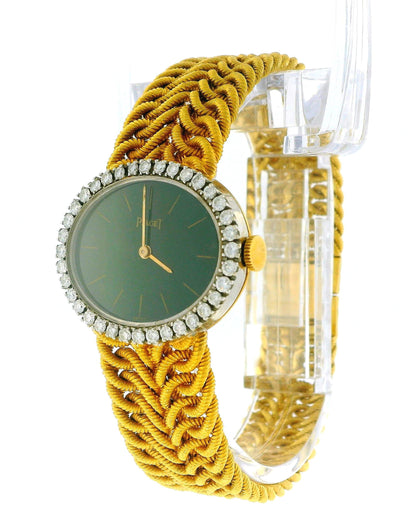 Piaget 18K Yellow Gold 6806K35 Jade Dial Diamond Bezel Vintage Ladies Watch