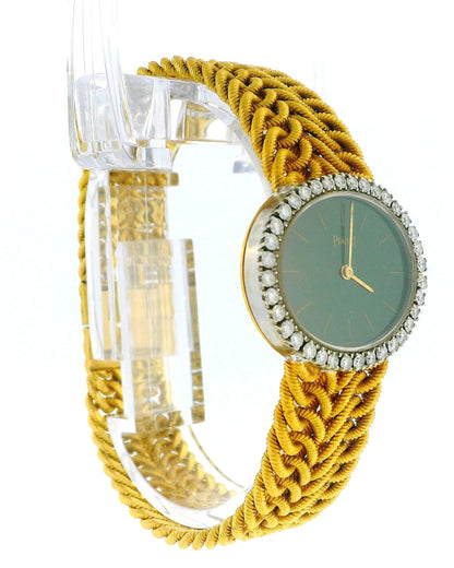 Piaget 18K Yellow Gold 6806K35 Jade Dial Diamond Bezel Vintage Ladies Watch