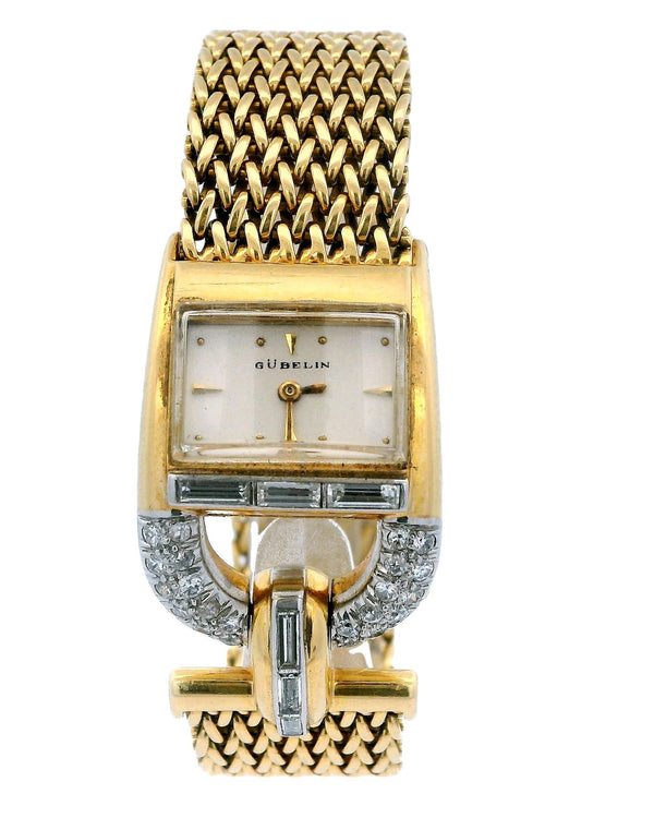 Jaeger Lecoultre-Gubelin 18k Yellow Gold Pave Stirrup Mesh Bracelet Ladies Watch