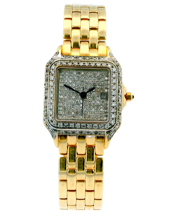 Pave Case & Dial Panthere Imitation 14K Yellow Gold Watch