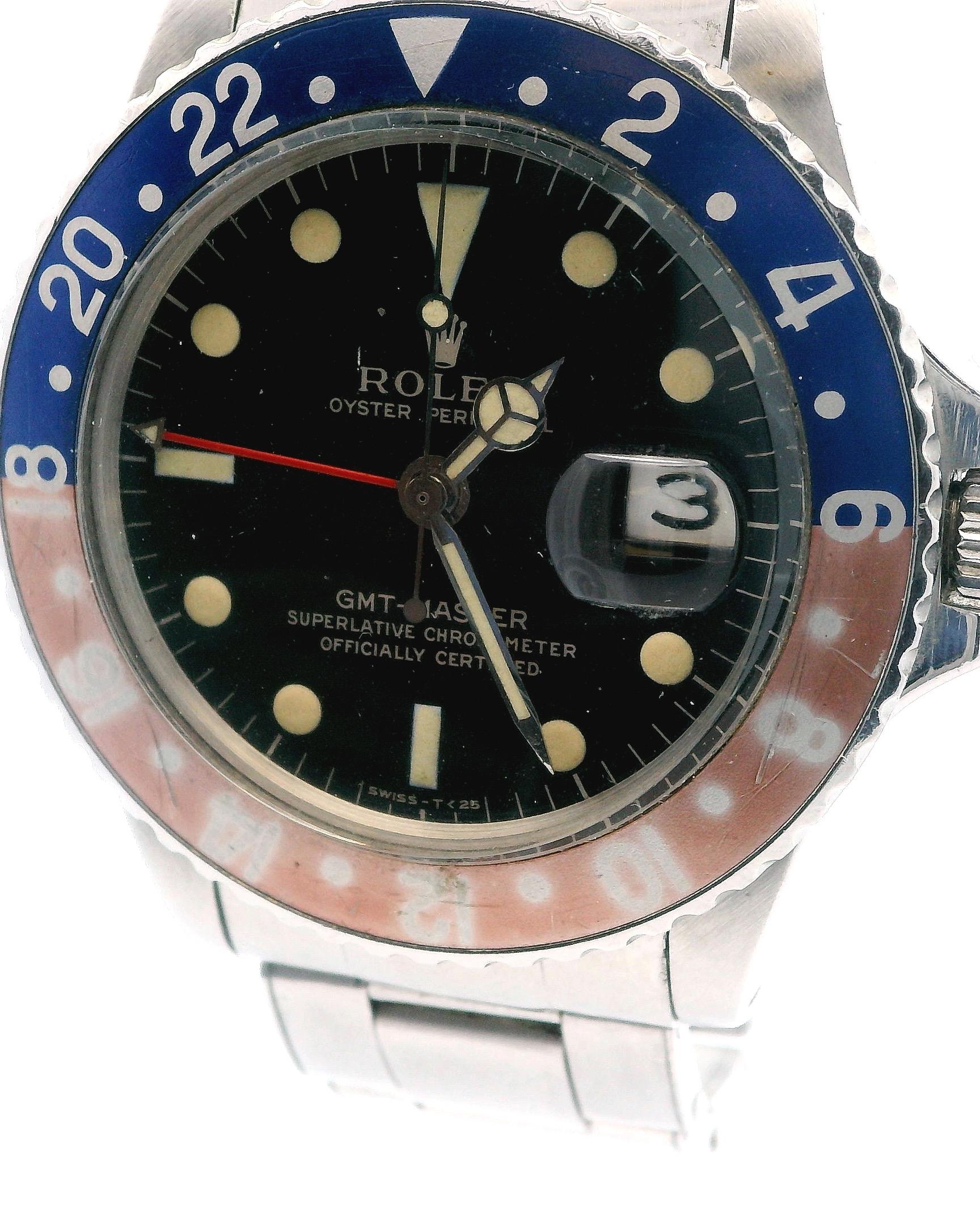 Rolex GMT-Master 1675 "Pepsi" Gilt Gloss Dial Rivet 6636 Bracelet Vintage Watch.