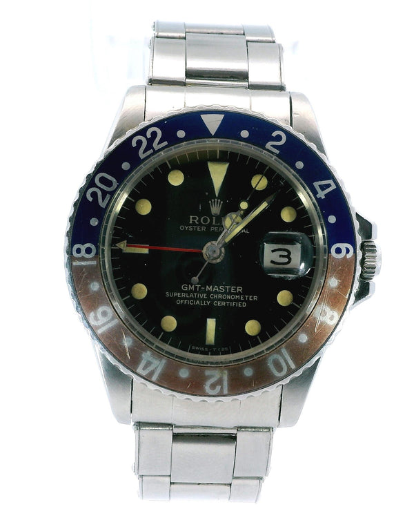 Rolex GMT-Master 1675 "Pepsi" Gilt Gloss Dial Rivet 6636 Bracelet Vintage Watch.
