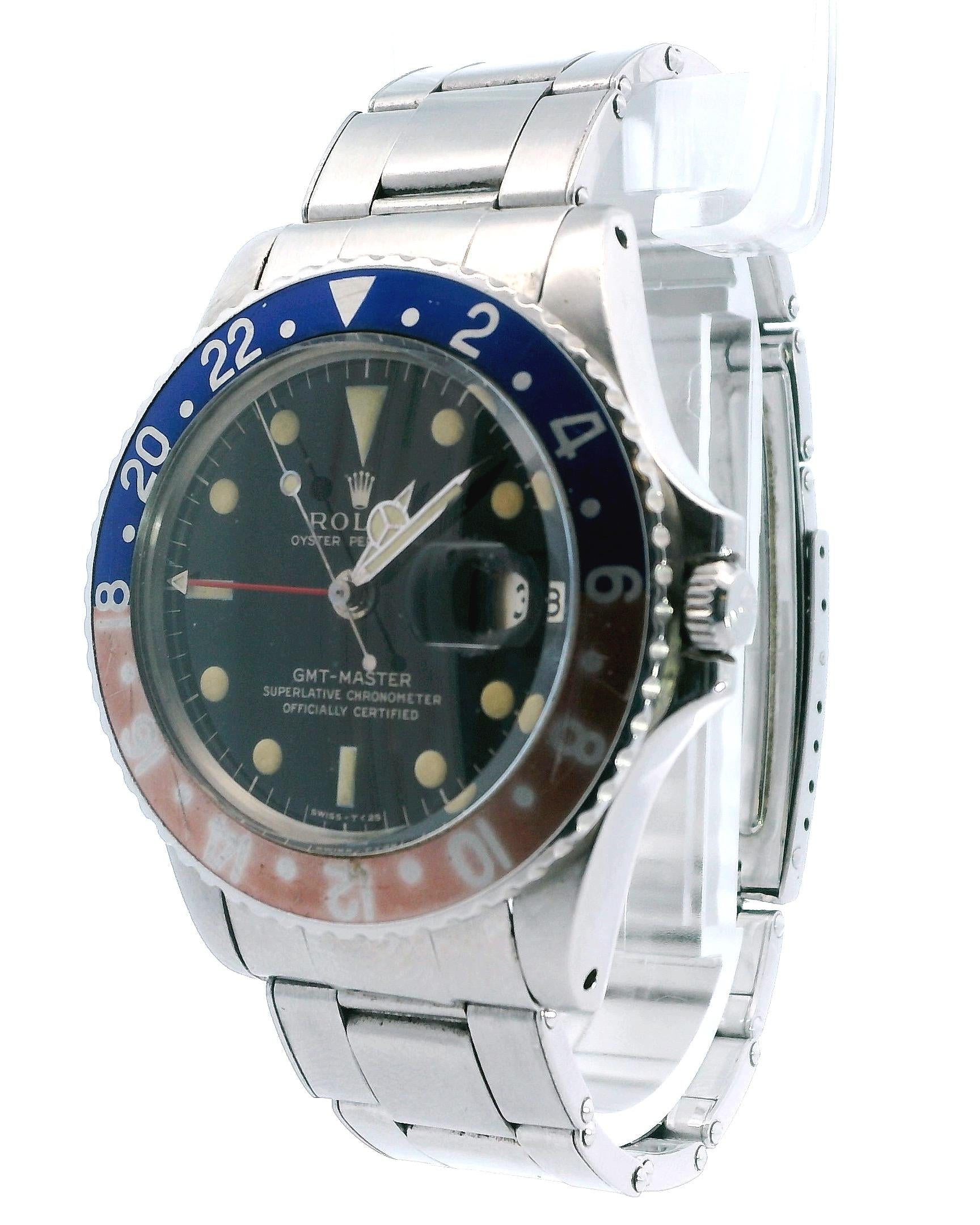 Rolex GMT-Master 1675 "Pepsi" Gilt Gloss Dial Rivet 6636 Bracelet Vintage Watch.