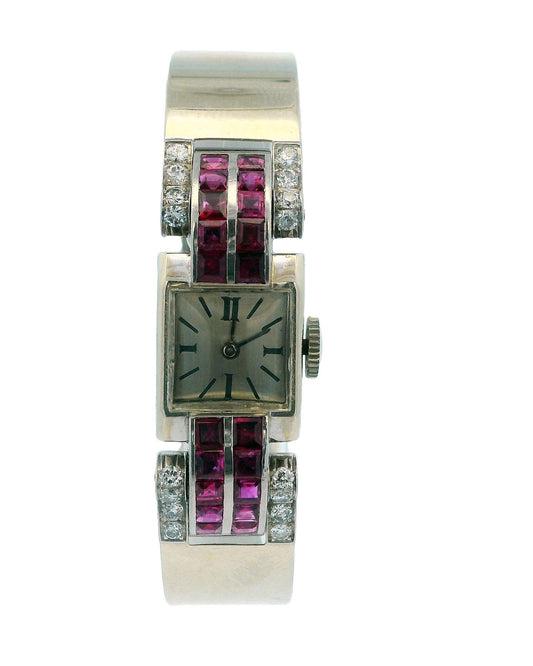 Deaville Retro 14K White Gold With Ruby & Diamonds Ladies Watch