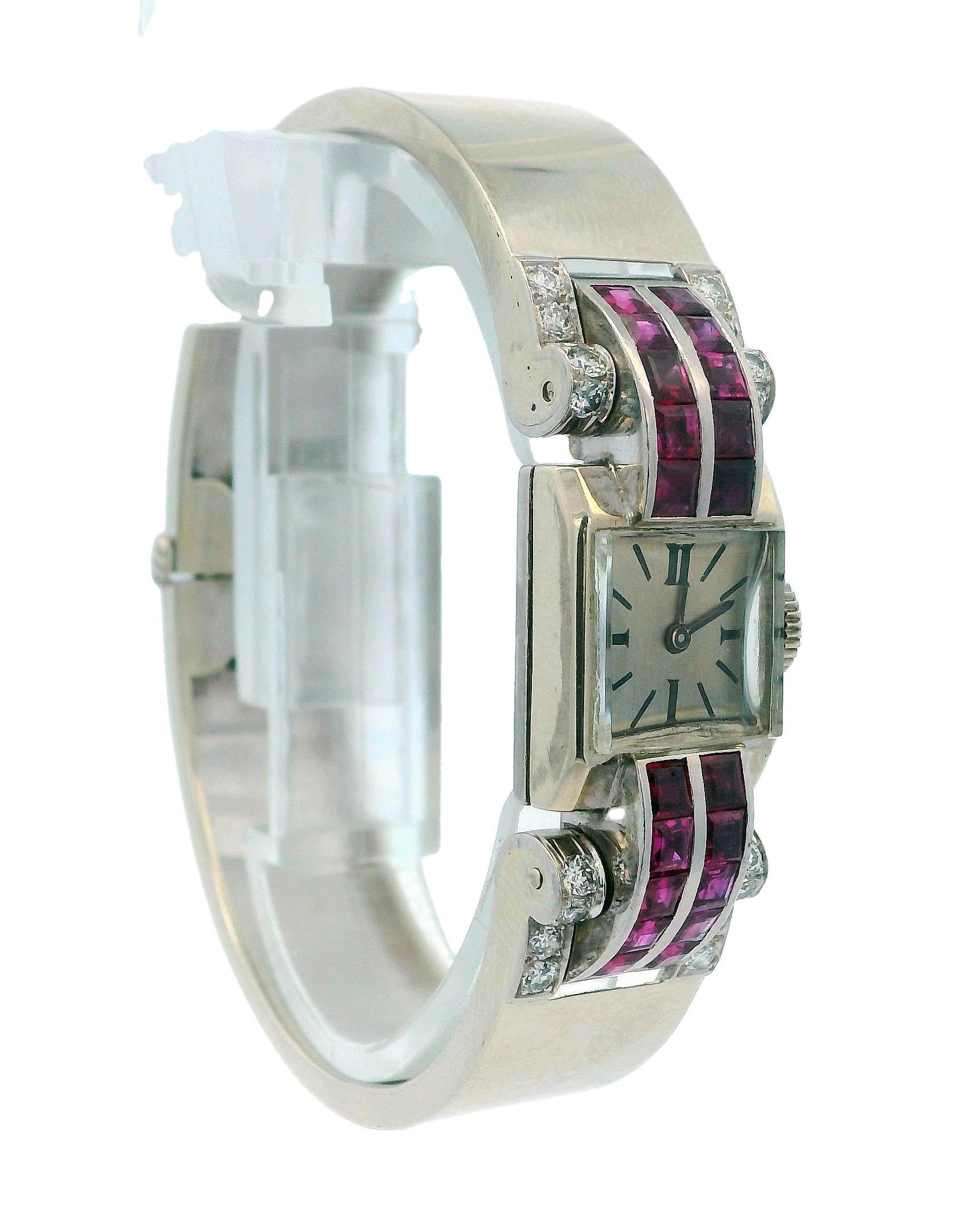 Deaville Retro 14K White Gold With Ruby & Diamonds Ladies Watch