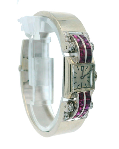 Deaville Retro 14K White Gold With Ruby & Diamonds Ladies Watch