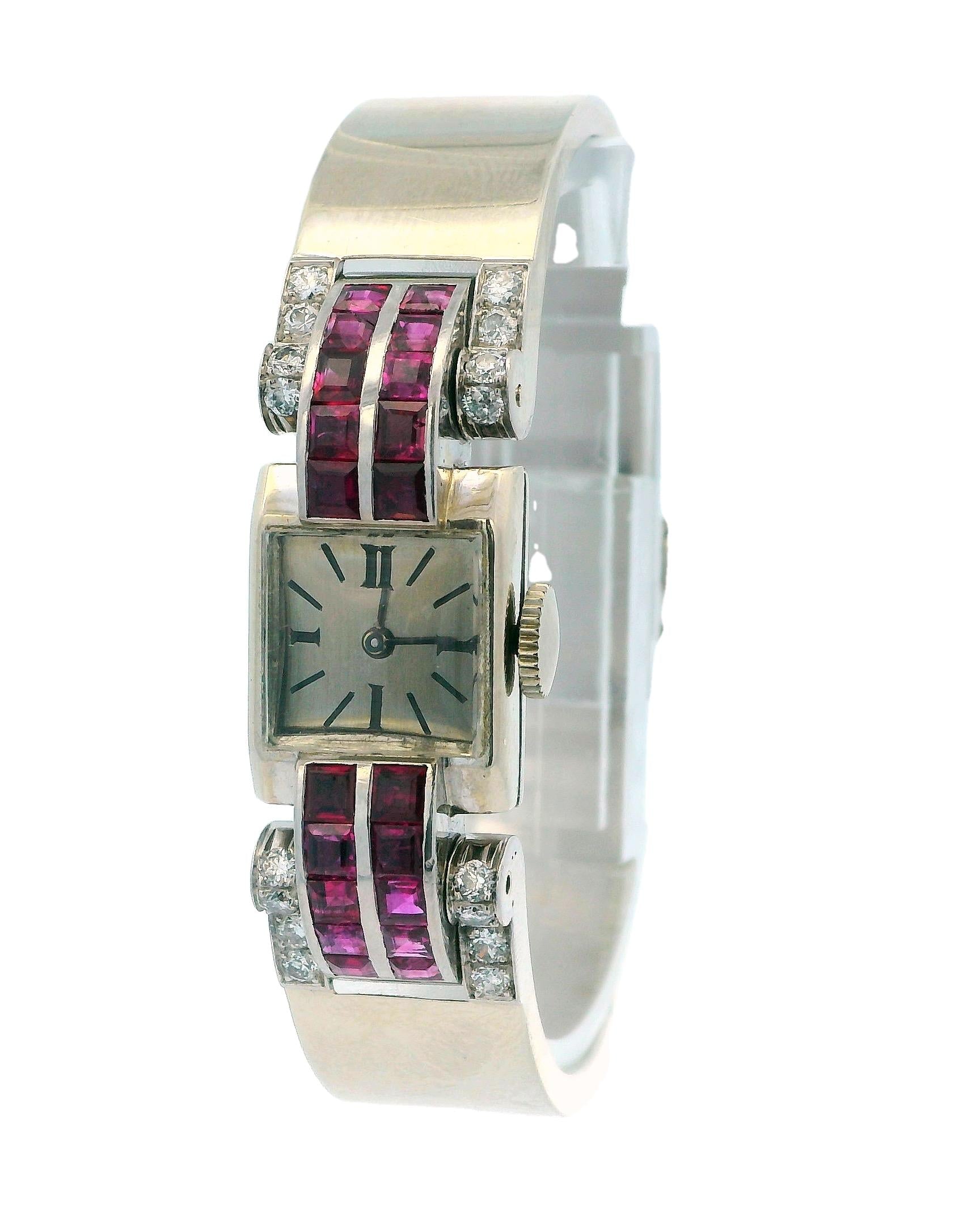 Deaville Retro 14K White Gold With Ruby & Diamonds Ladies Watch