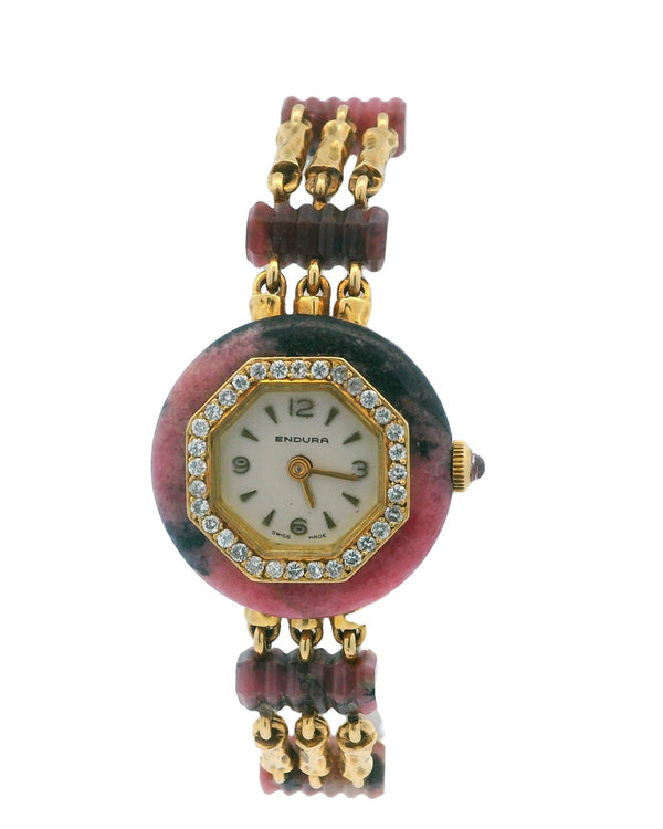Endura 18k Yellow Gold & Rhodochrosite Stone With Pave Bezel Ladies Watch