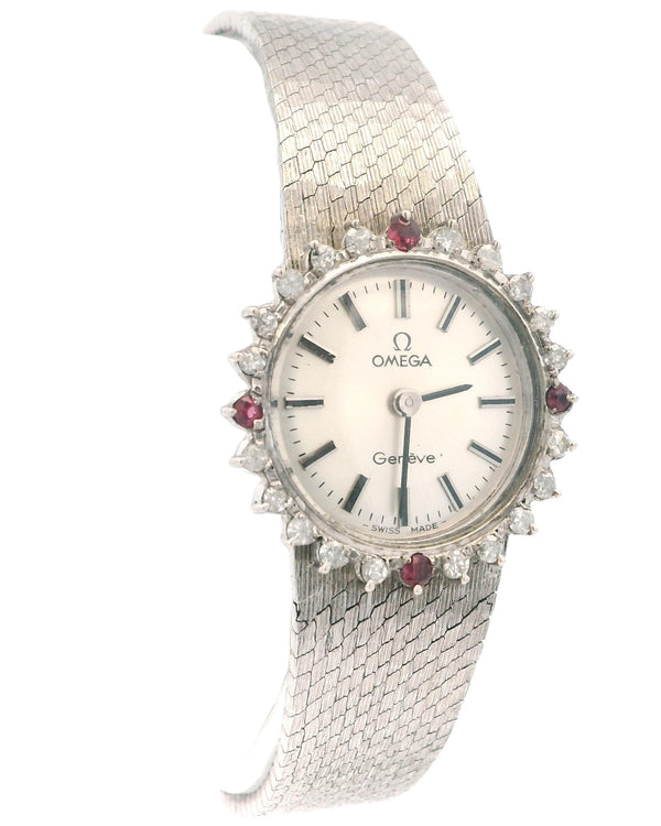 Omega 18K White Gold Diamond Bezel Mesh Bracelet Mechanical Ladies Watch