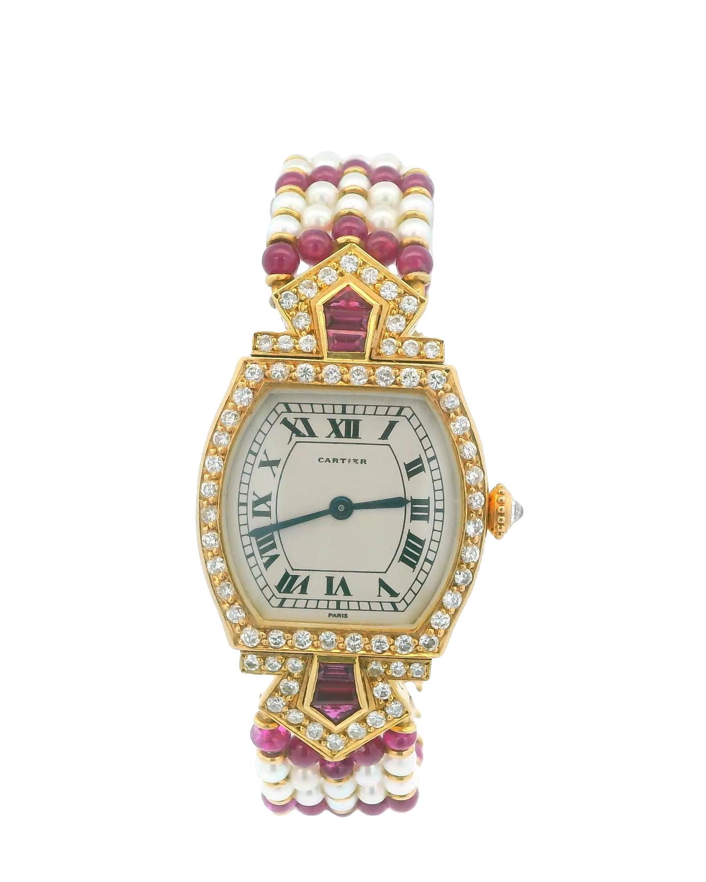 Cartier Tonneau A Rare Lady's Yellow Gold, Ruby, Diamond and Pearl-Set Bracelet