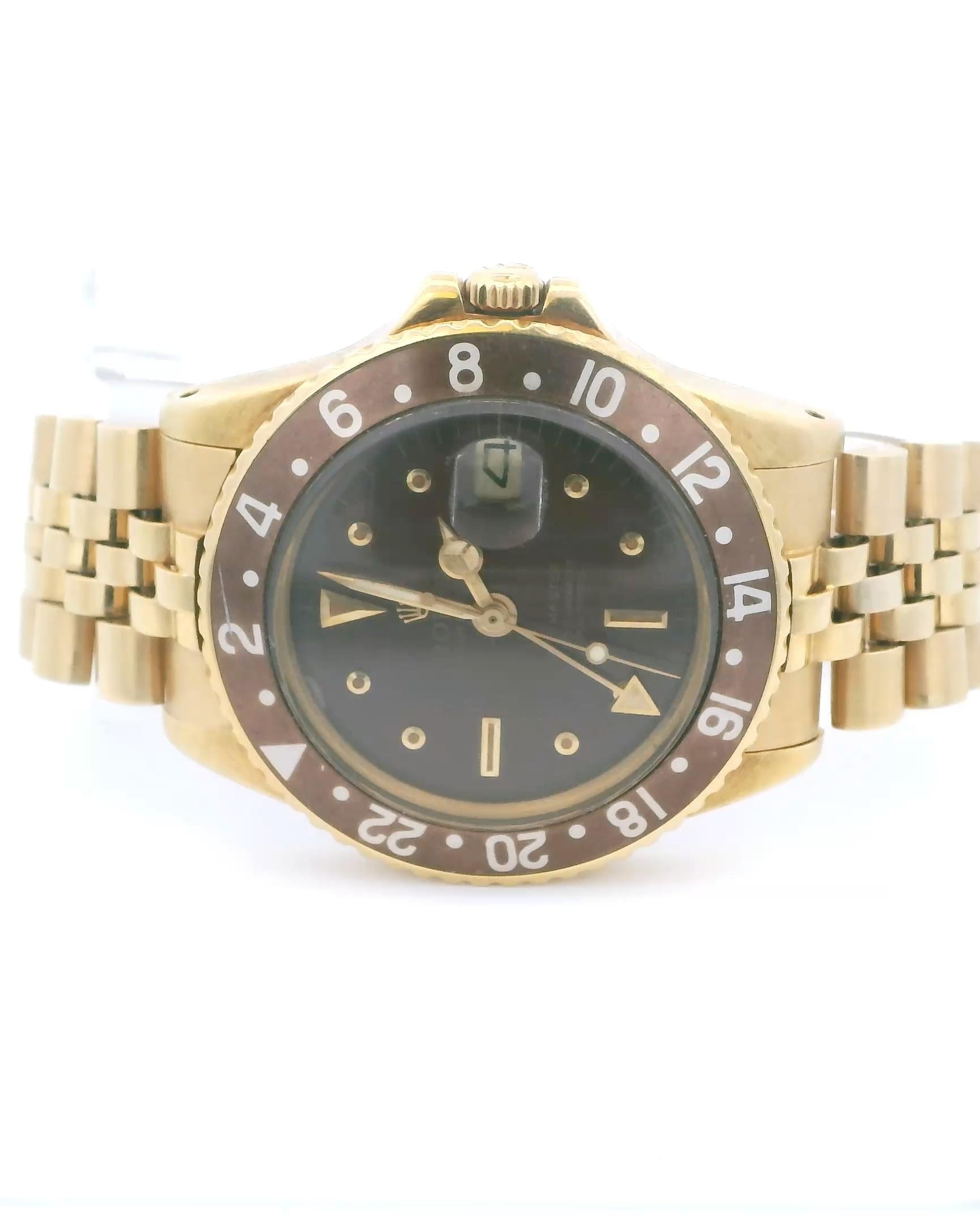 Rolex GMT-Master 1675 Gloss Brown Nipple Dial 18K Yellow Gold Vintage Watch